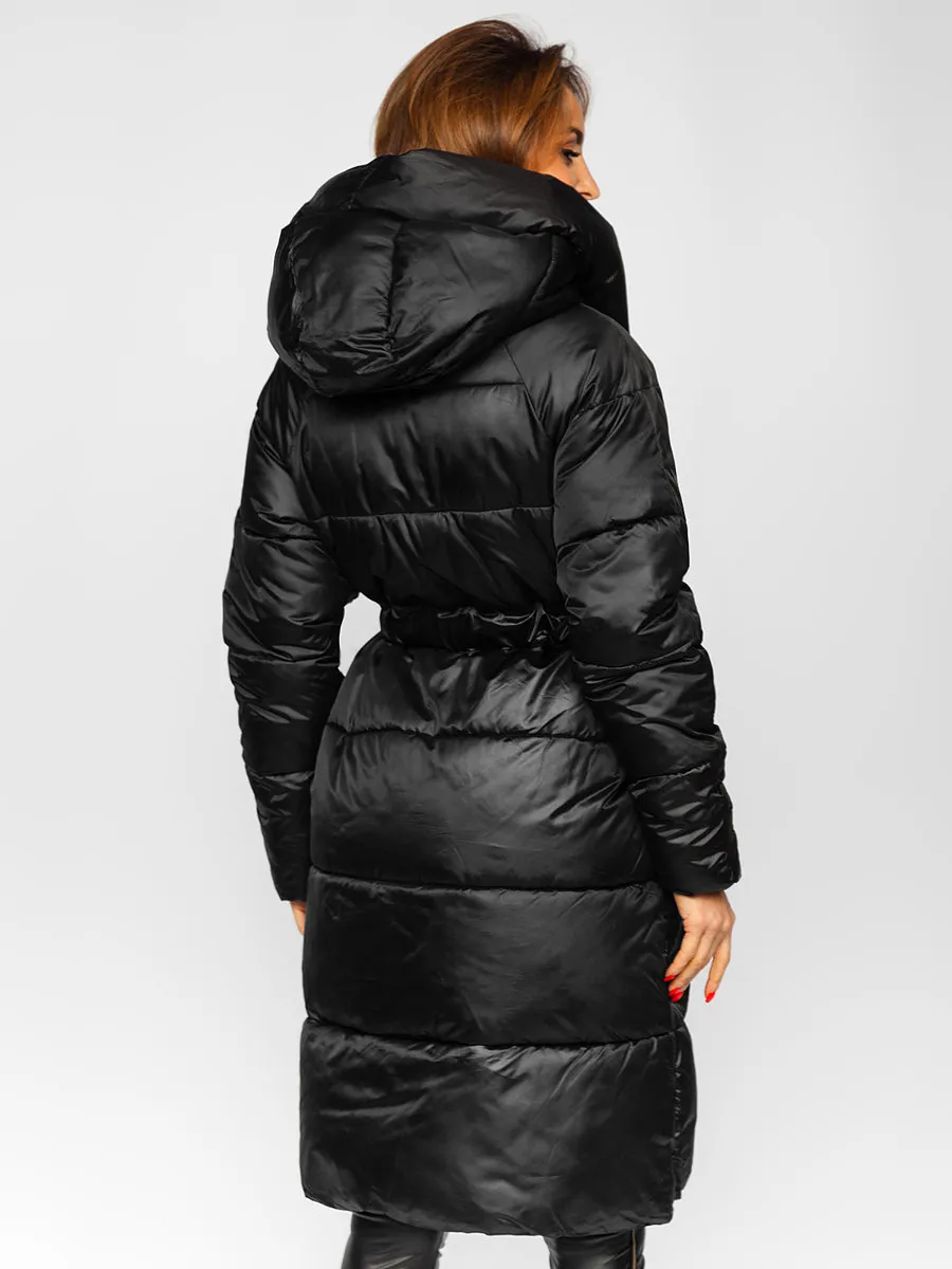 Black Women's Long Quilted Winter Jacket With Hood