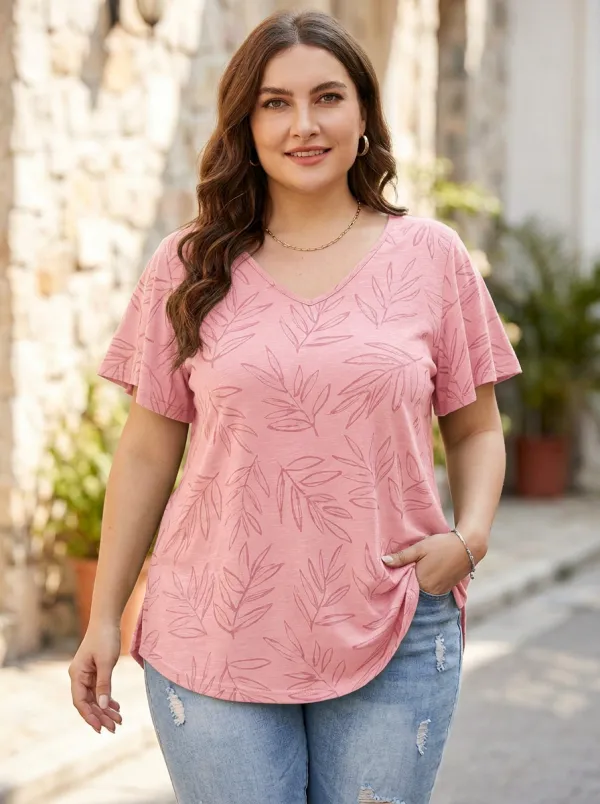 Women's Plus Size Olive Leaf Pattern Printed V-Neck T-Shirt