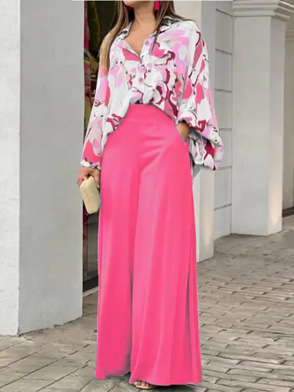 Wide Leg Blouse And Pants Set
