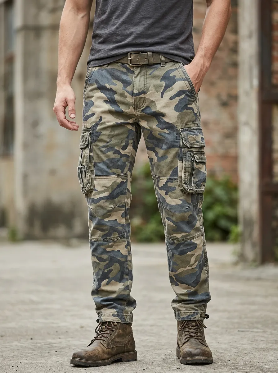 Men's Camouflage Cargo Pants Featuring Reinforced Knee