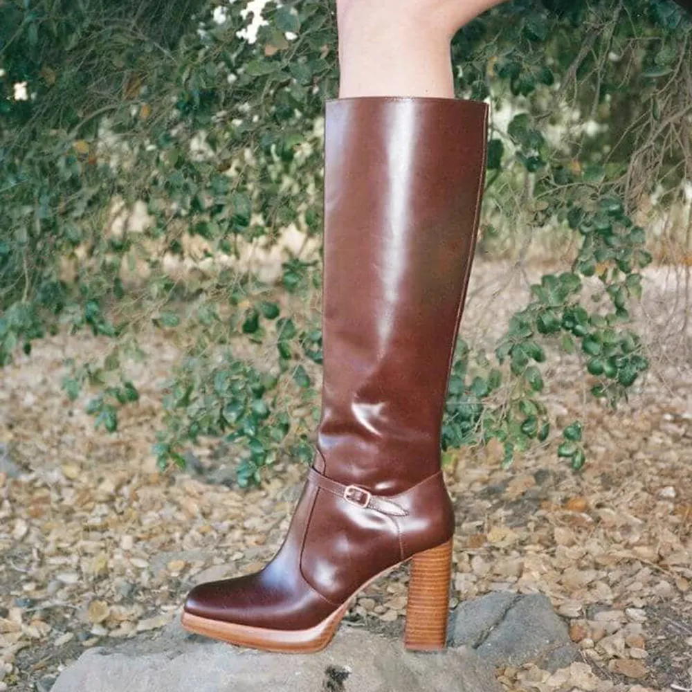 Buckle-Detail Square-Toe Chunky-Heel Block-Heel Knee-High Boots