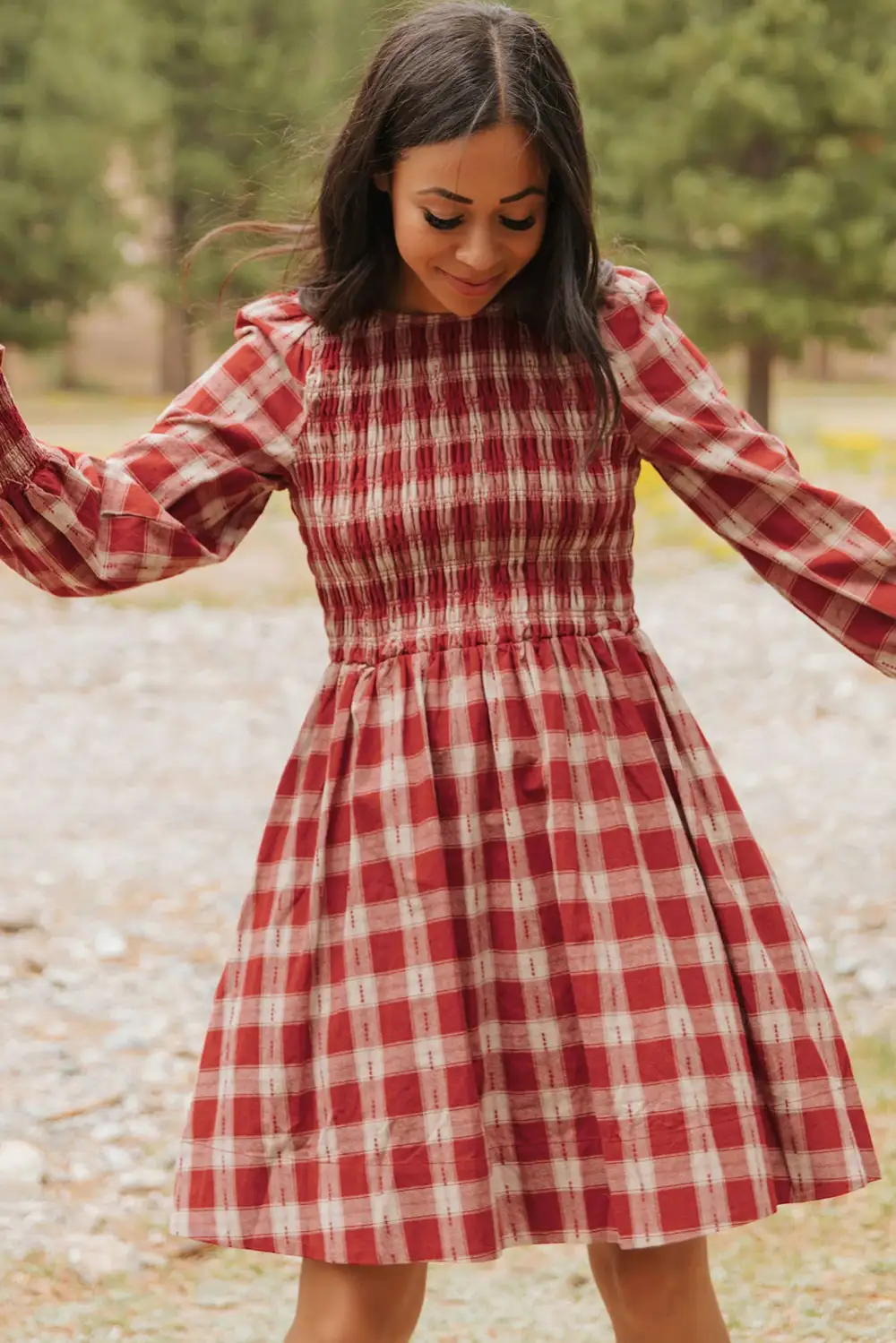 Lightweight Feel Plaid Printed Smocked Mini Dress