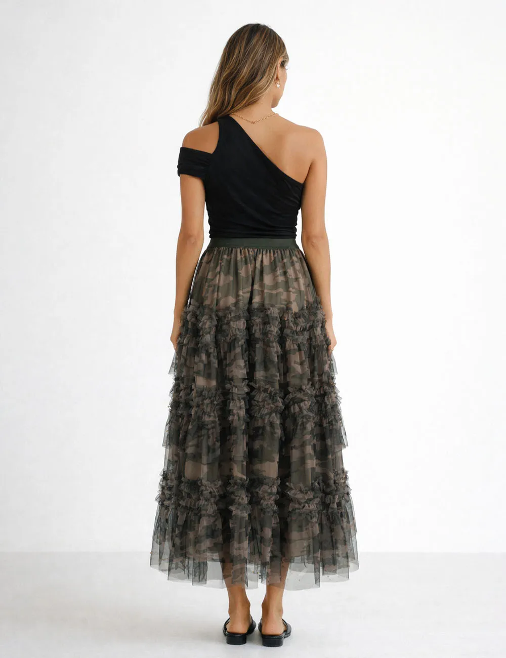 Casual Camo Pearl Tiered Ruffle Tulle Maxi Skirt