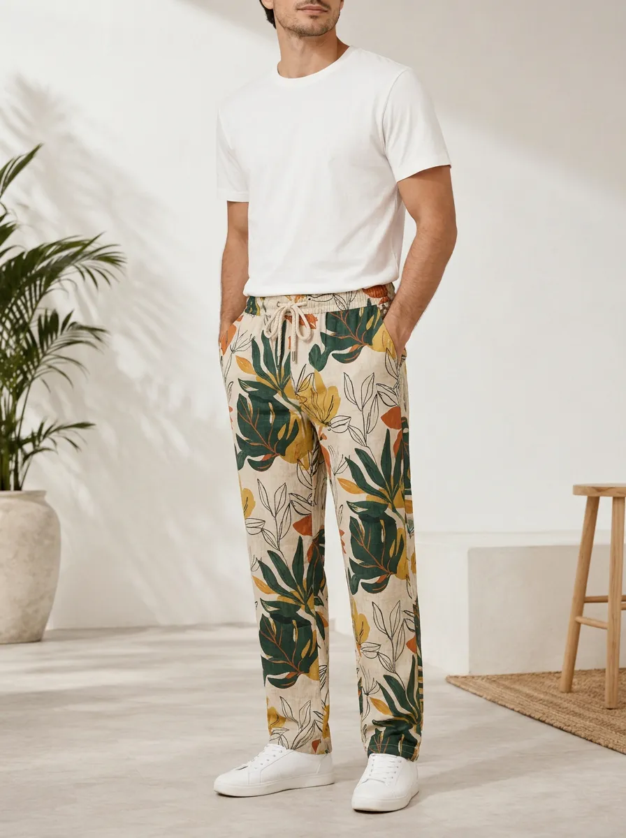 Men's Artful Printed Botanical Line Art Pants