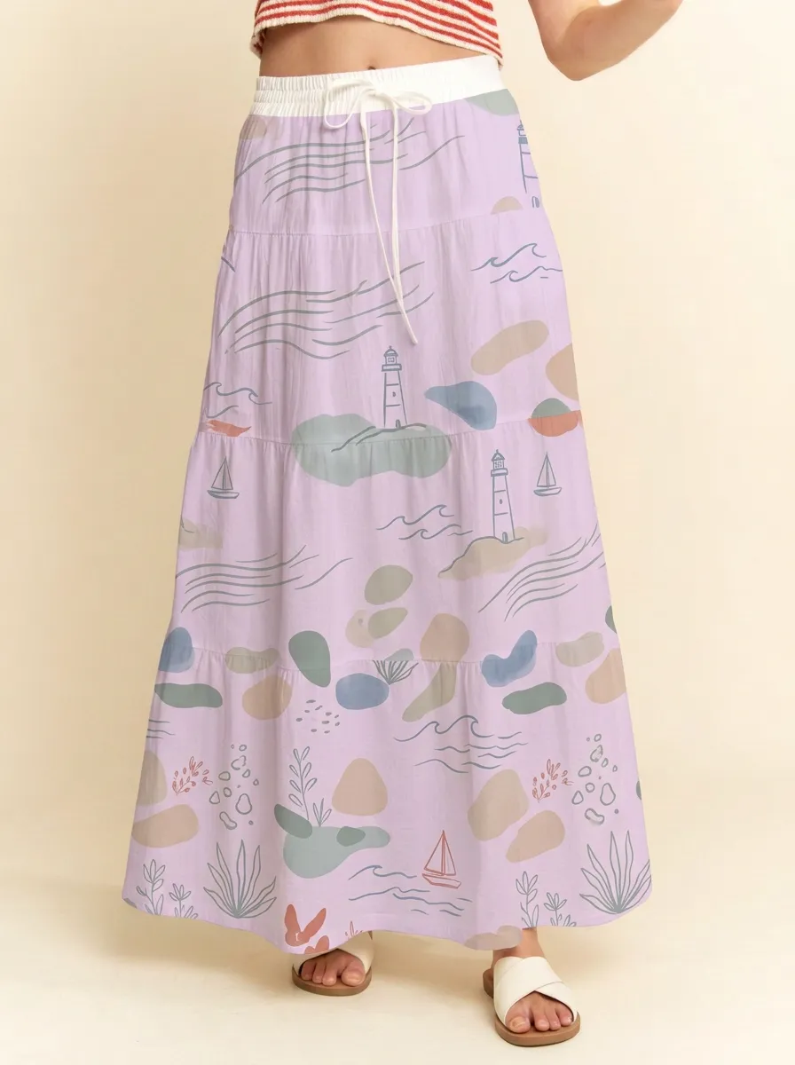 Women's Marina Coastal Lighthouse Sailboat Printed Maxi Skirt