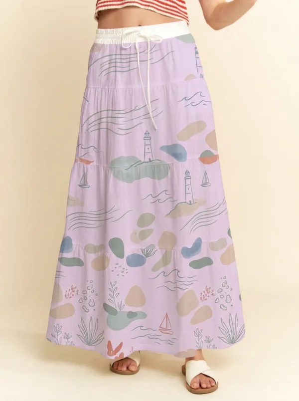 Women's Marina Coastal Lighthouse Sailboat Printed Maxi Skirt