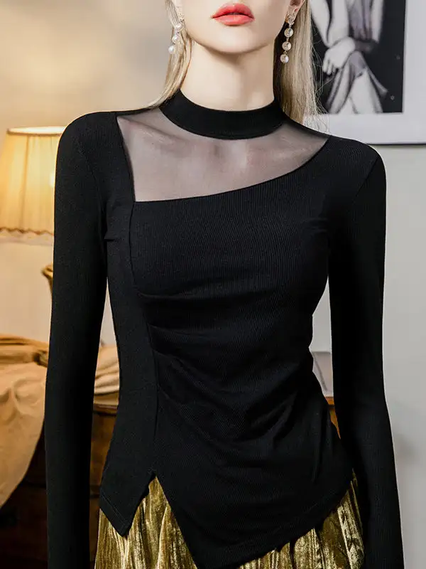 Long Sleeve Curve Fit Asymmetric Sheer Front Slit Panel Detail Round Neck T-Shirt