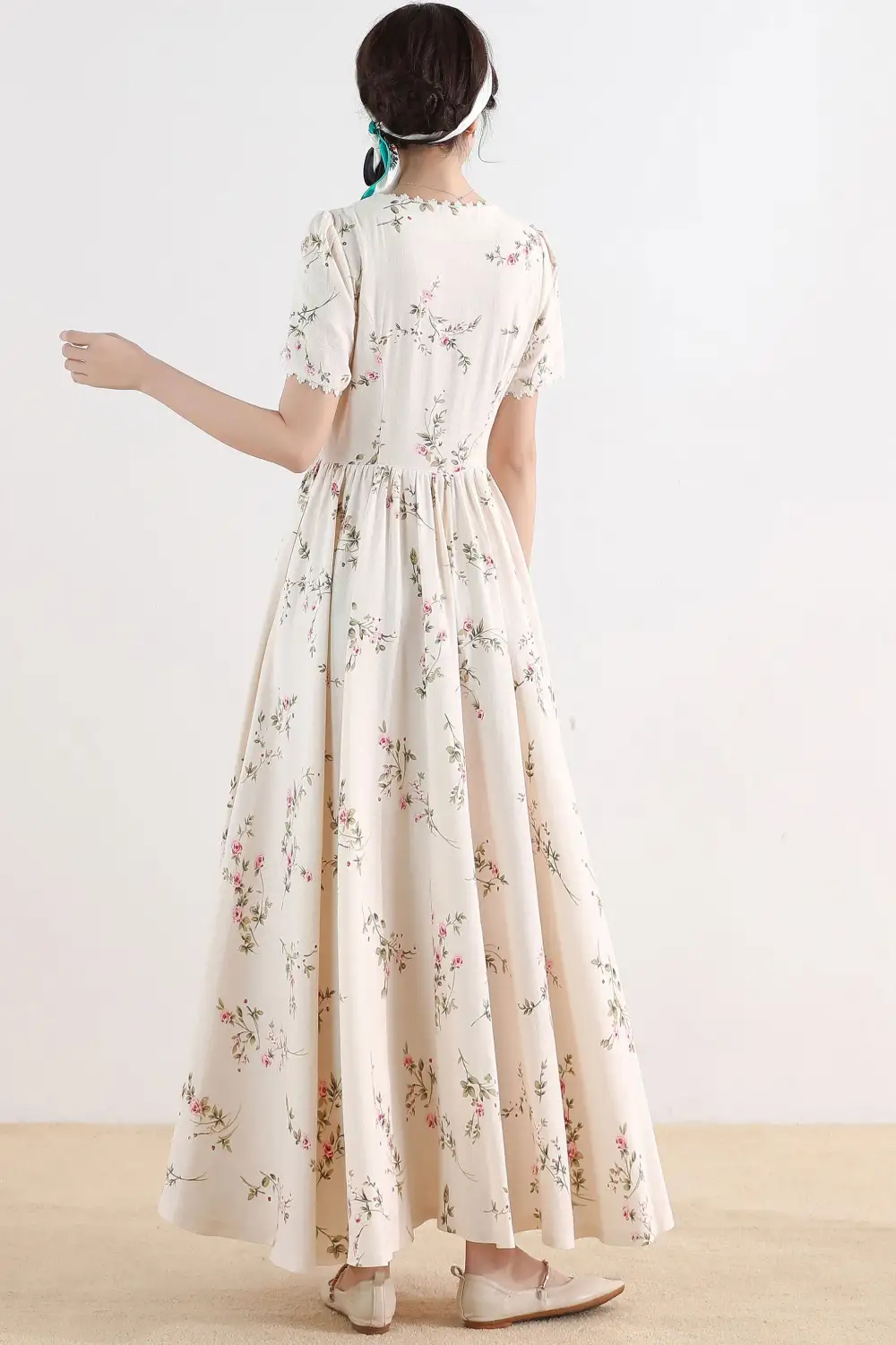 Refined Floral Linen Cotton A Line Short Sleeve Maxi Dress