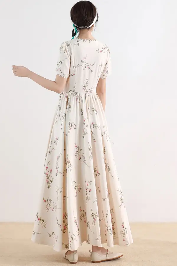 Refined Floral Linen Cotton A Line Short Sleeve Maxi Dress