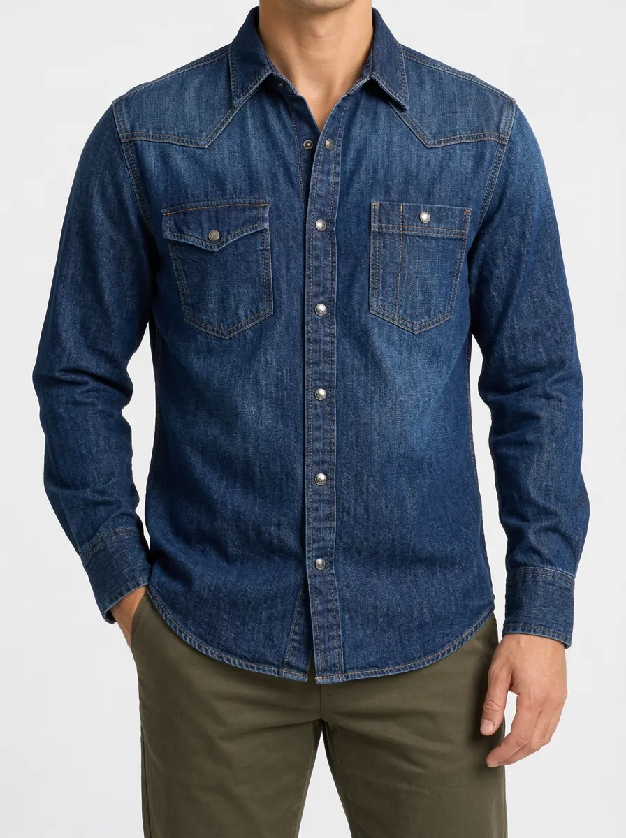 Classic-Casual Washed Denim Front-Opening Shirt