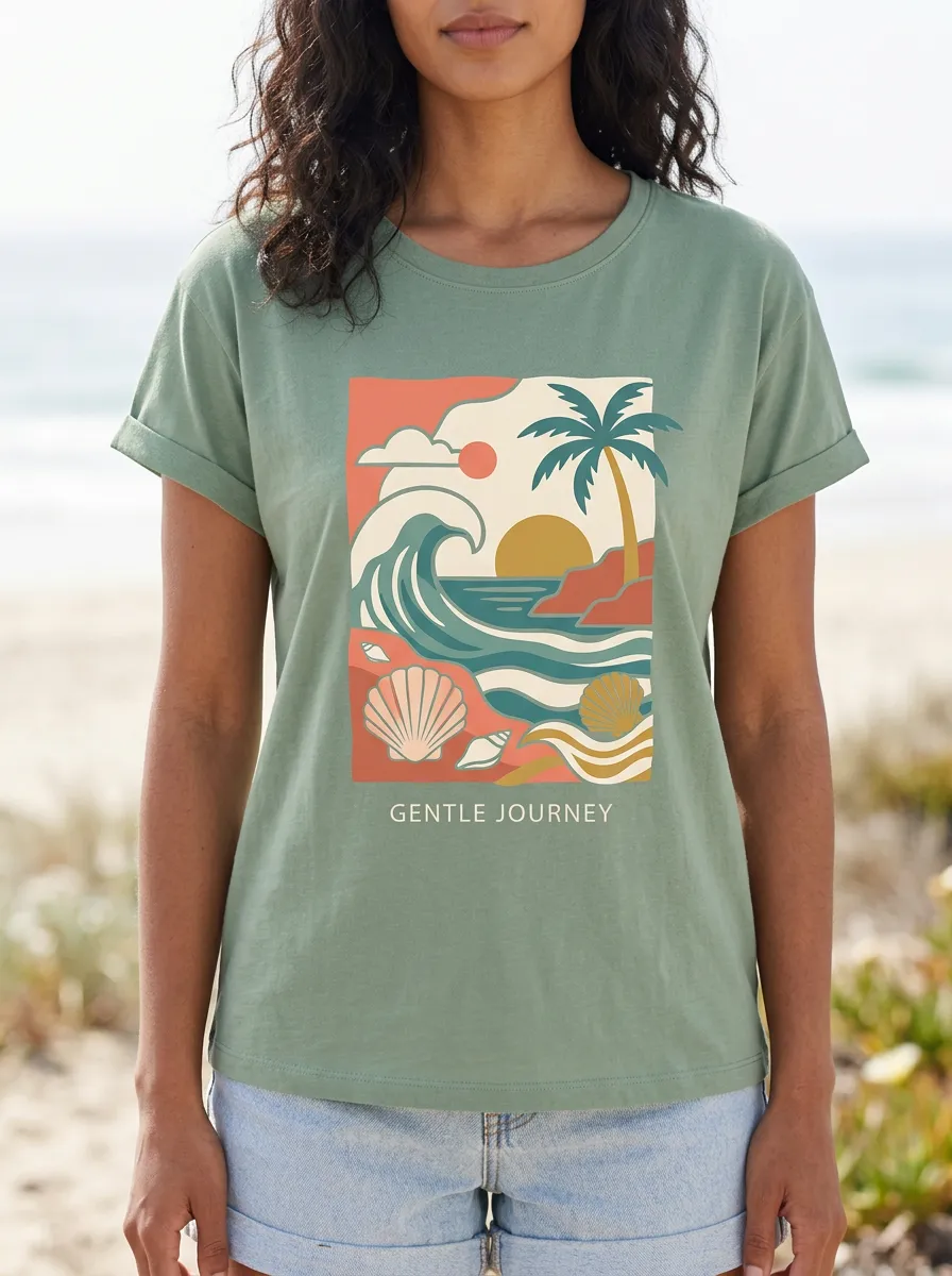 Women's Beach Retro Ocean Palm Seashell Print T-Shirt