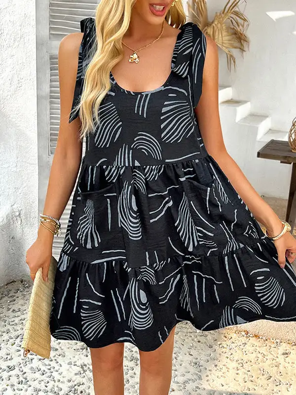 A Line Relaxed Contrast Color Pleated Pocket Printed Tied Spaghetti Neck