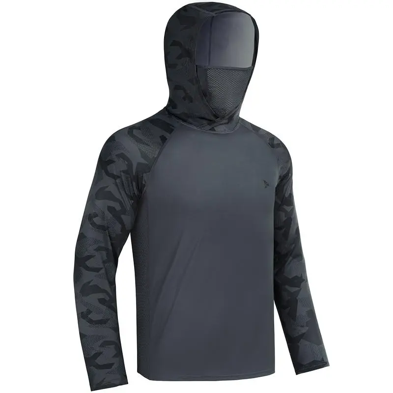 Men UPF 50+ UV Sun Hoodie Shirts with Mask Neck Gaiter  Protection Raglan Long Sleeve Lightweight Quick Dry Moisture Wicking Breathable Cooling Athletic Activewear