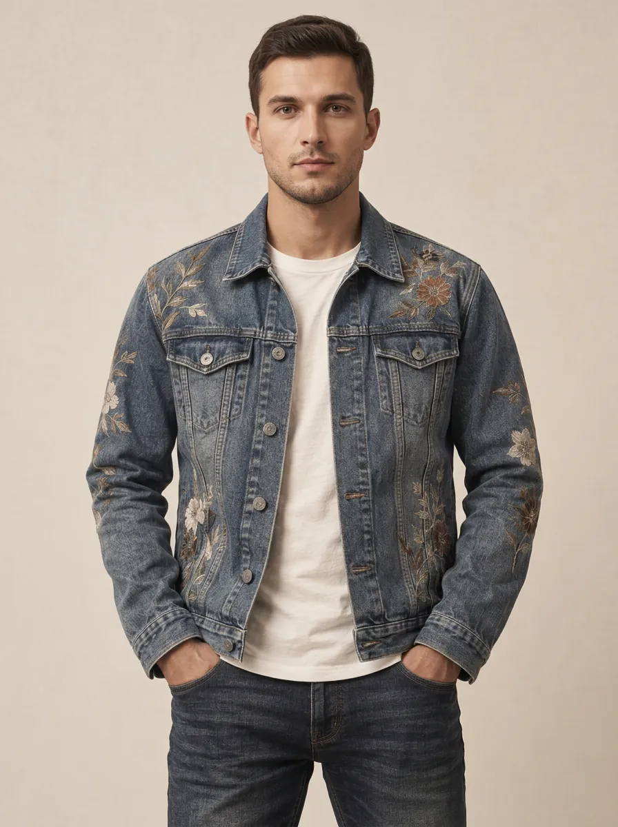 Men's Refined Floral Vintage Inspired Denim Jacket