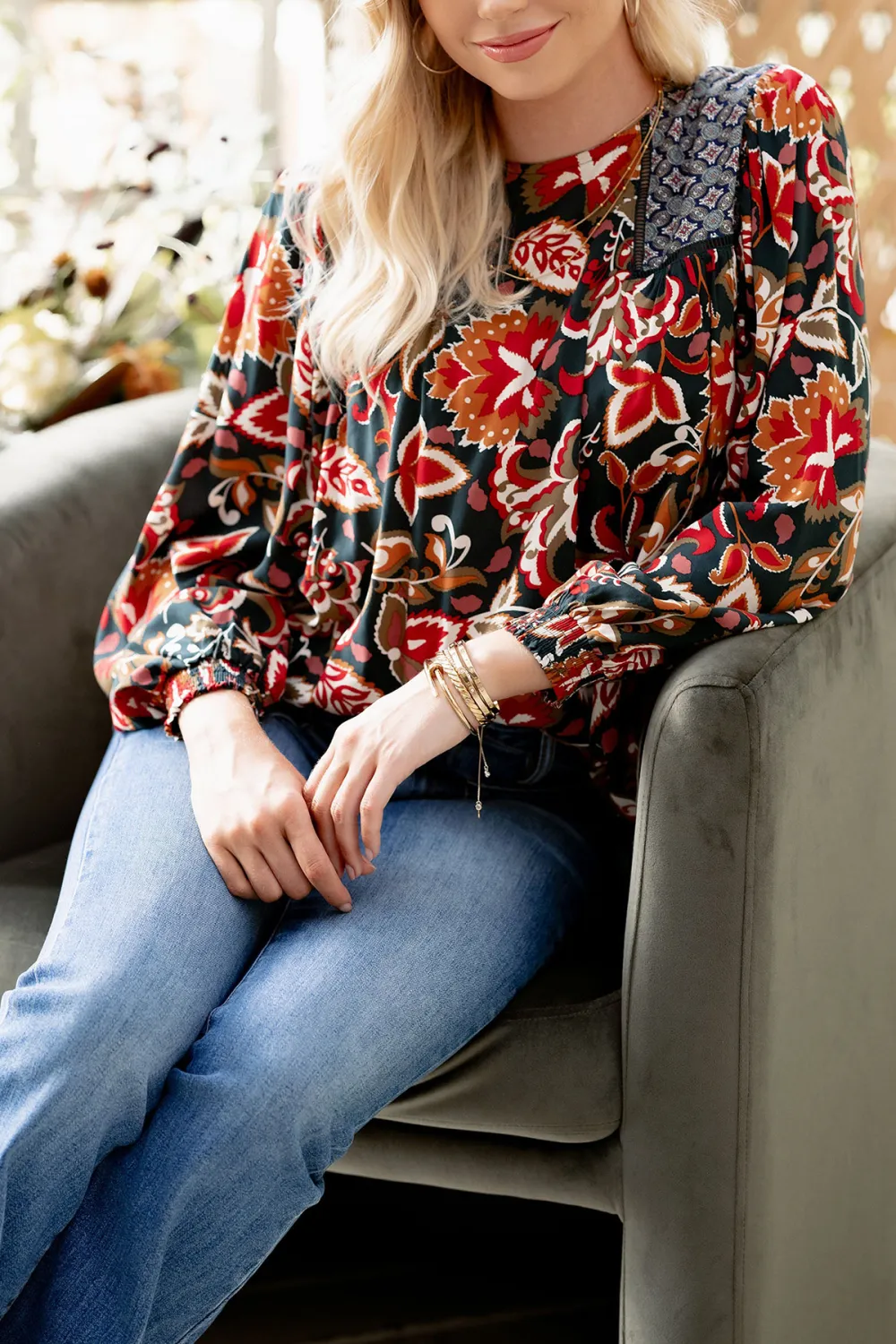 Multicolored Abstract Floral Print Long Sleeve Blouse