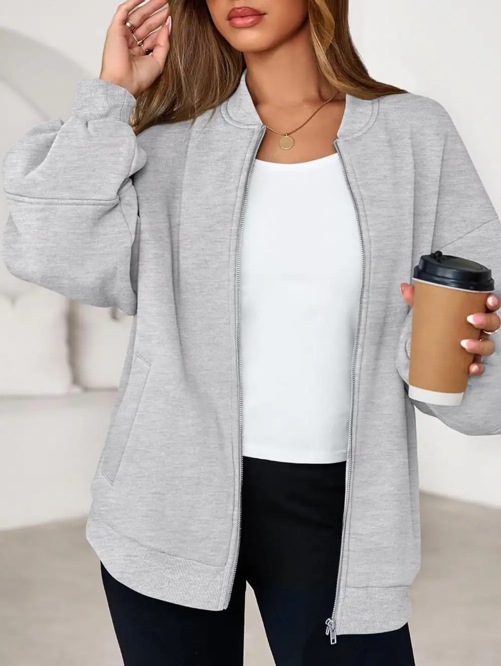 Textured Detail Zip-Up Sweatshirt Jacket