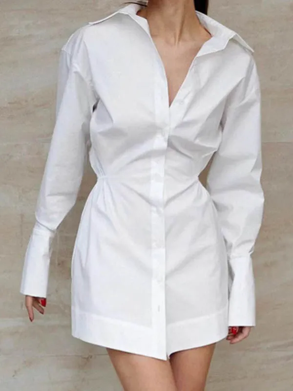 High Waisted Long Sleeve Buttoned Pleated Solid Color Lapel Mini Dress