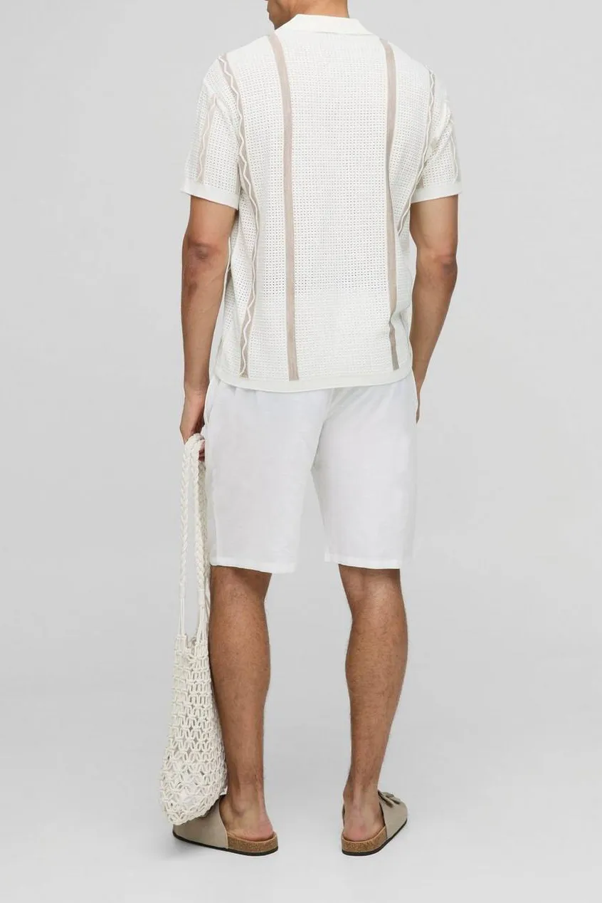 Relaxed Fit Open Stitch Border Stripe Knitted Acrylic Shirt Cropped Ecru
