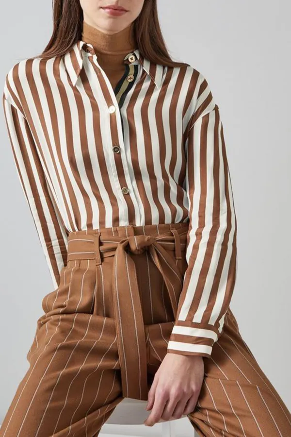 Brown Striped Long Sleeve Button Down Shirt