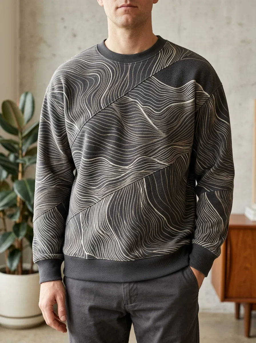 Men's Abstract Wave Pattern Printed Fleece Sweatshirt