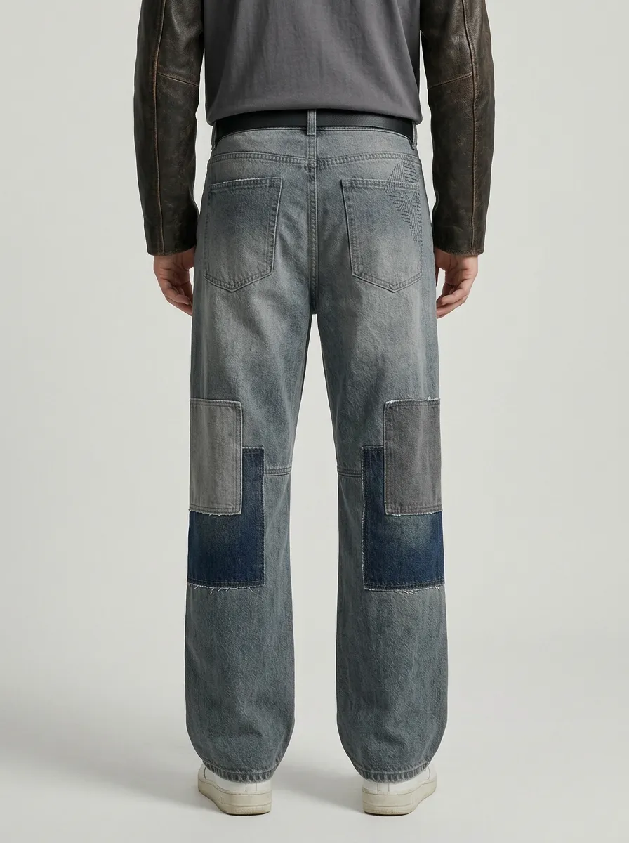 Wide Leg Patchwork Geometric Graphic Vintage-Inspired Men's Loose Fit Jeans