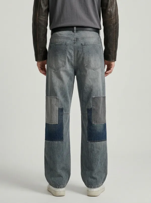 Wide Leg Patchwork Geometric Graphic Vintage-Inspired Men's Loose Fit Jeans