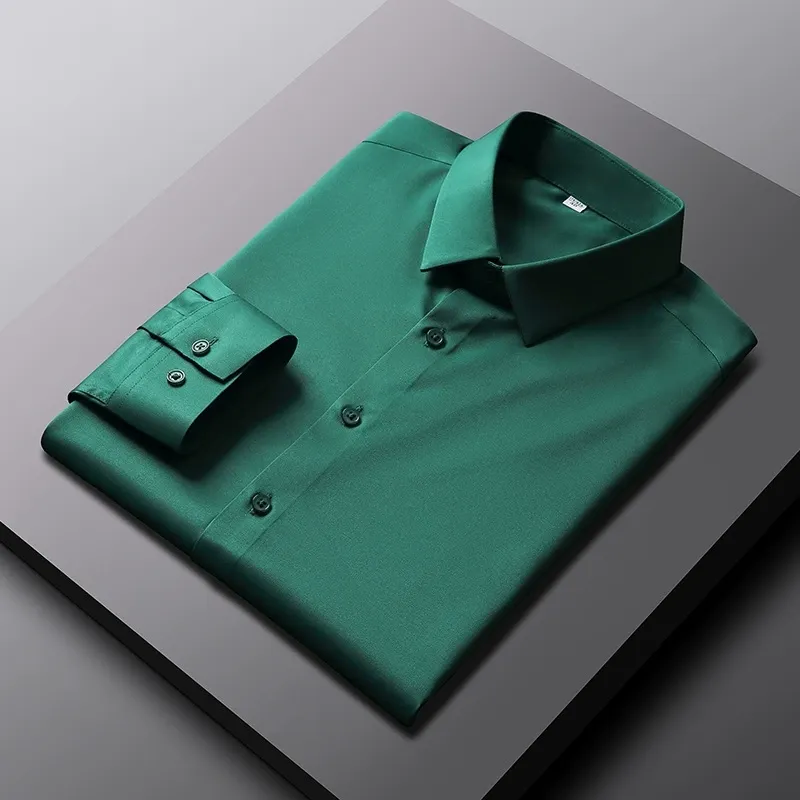 2025 New Elastic Silk White Shirt Men'S Long Sleeve Iron-Free Solid Color Breathable Casual Slim Business Men'S Shirt