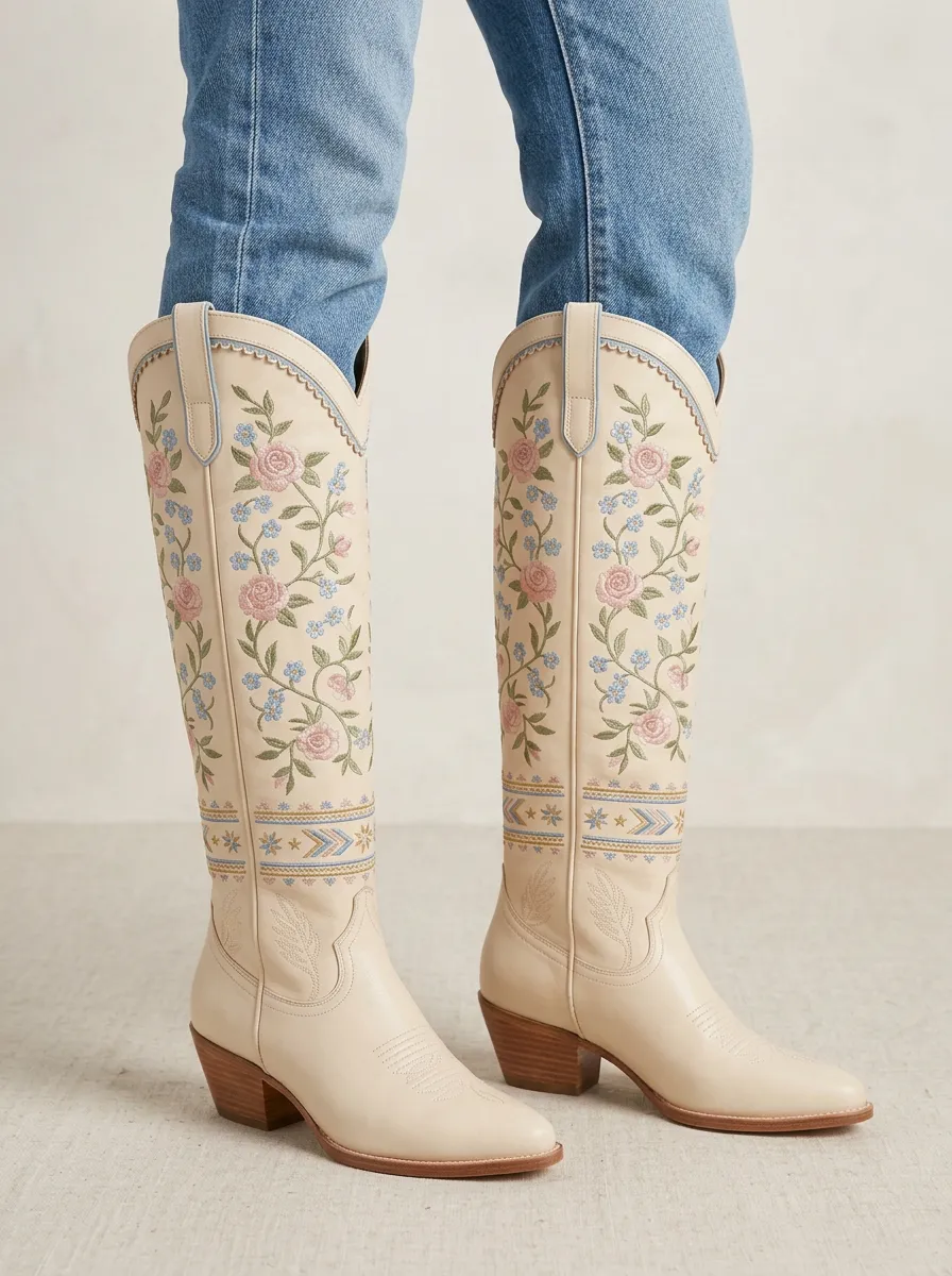 Women's Western Floral Geometric Rose Embroidered Pointed-Toe Block-Heel Denim Over-the-Knee Boots