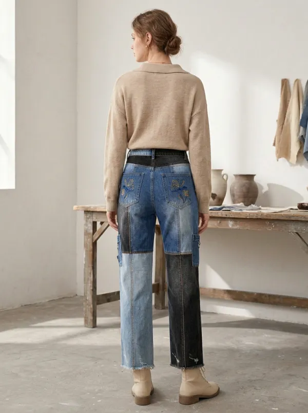 Women's Vintage Floral Embroidery Colorblock Patchwork Denim Jeans
