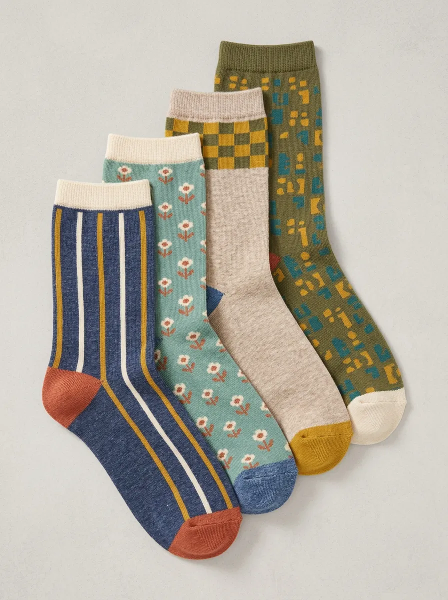 Modern Geometric Floral Striped Vintage Four-Pair Casual Socks