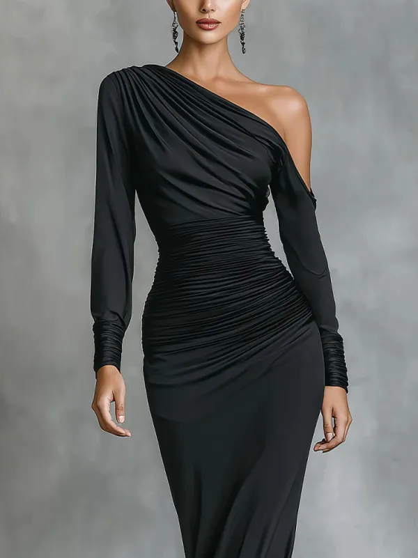 One Shoulder Pleated Mermaid Maxi Dress
