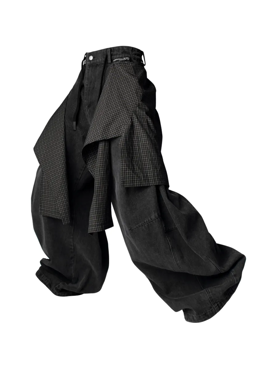 Convertible Plaid Drape Barrel Jeans