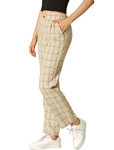 Women's Plaid Pants Elastic Waist Casual Work Office Long Trousers