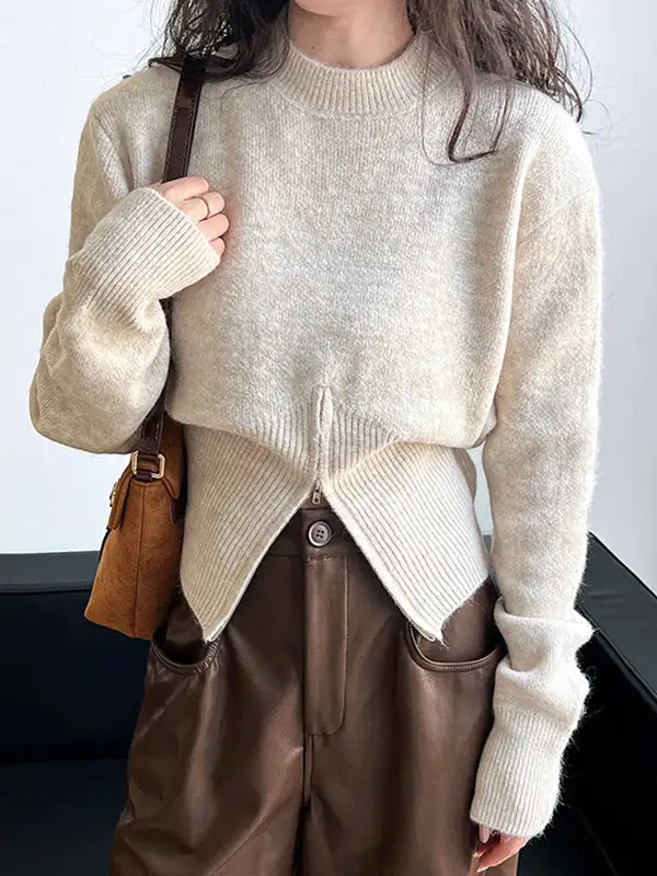 Zip Detail Mock Neck Long Sleeve Relaxed Fit Pullover Sweater