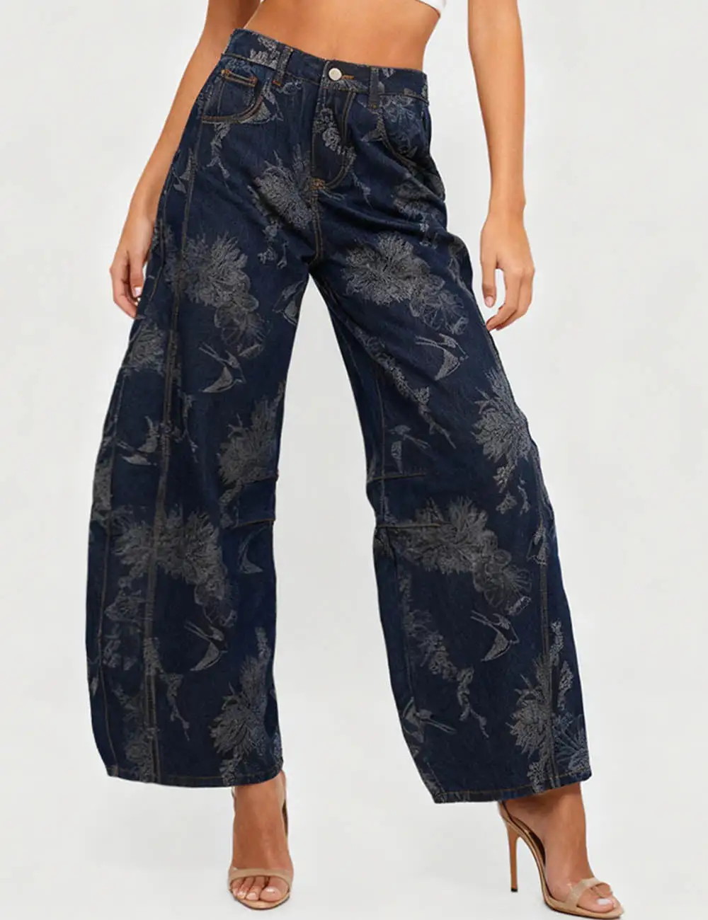 Color Block Floral Print Pocket Barrel Leg Denim Pants