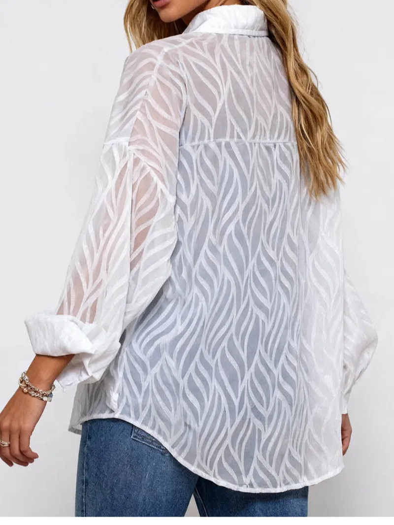 Chic Bead Shirt Collar Lantern Sleeves Jacquard Blouse