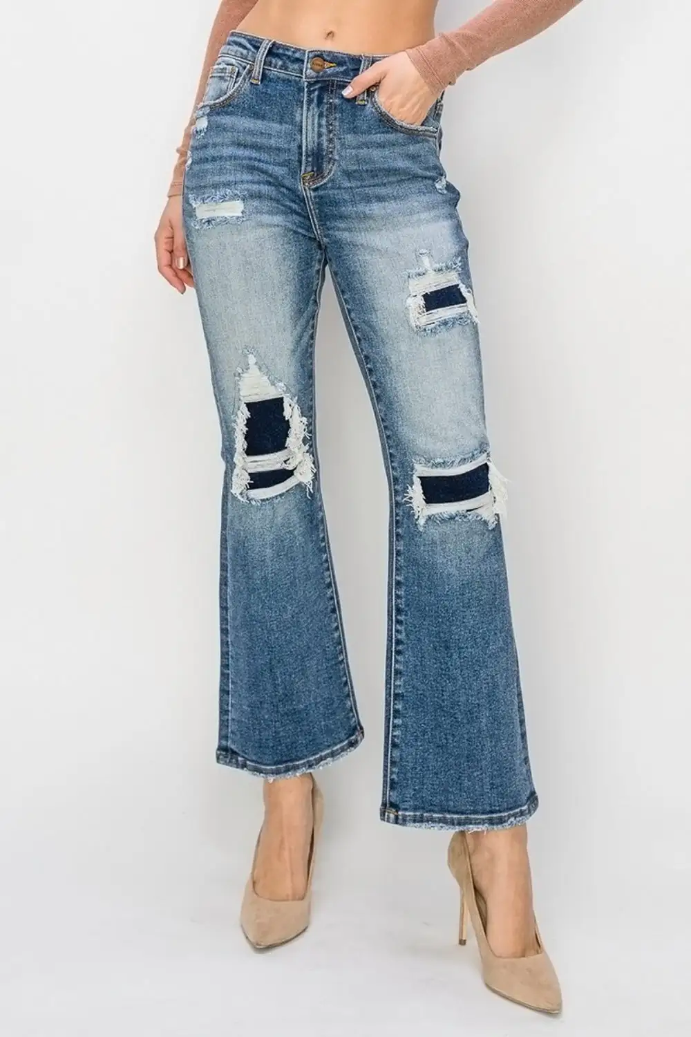 Smooth High Waist Flare Leg Distressed Denim Jeans