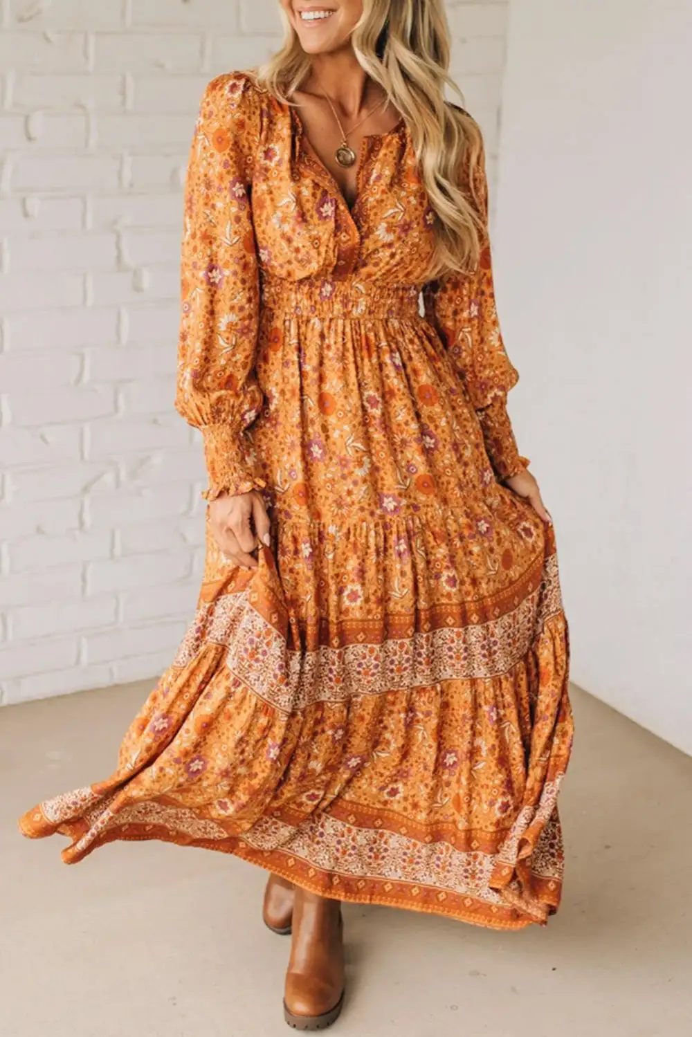 Polished Detail Floral Printed Smocked Maxi Dress