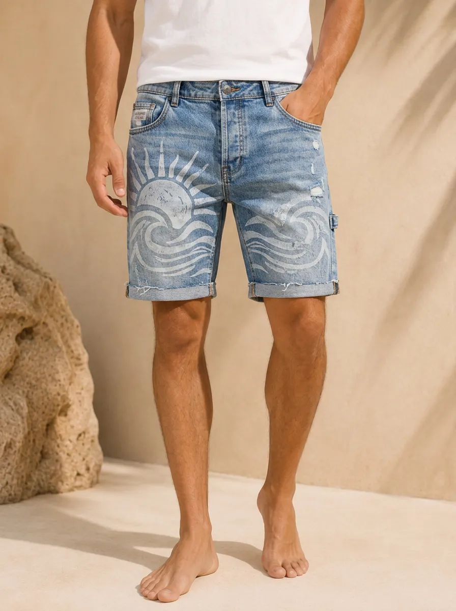 Men's Beach Lover Sun and Wave Printed Denim Shorts
