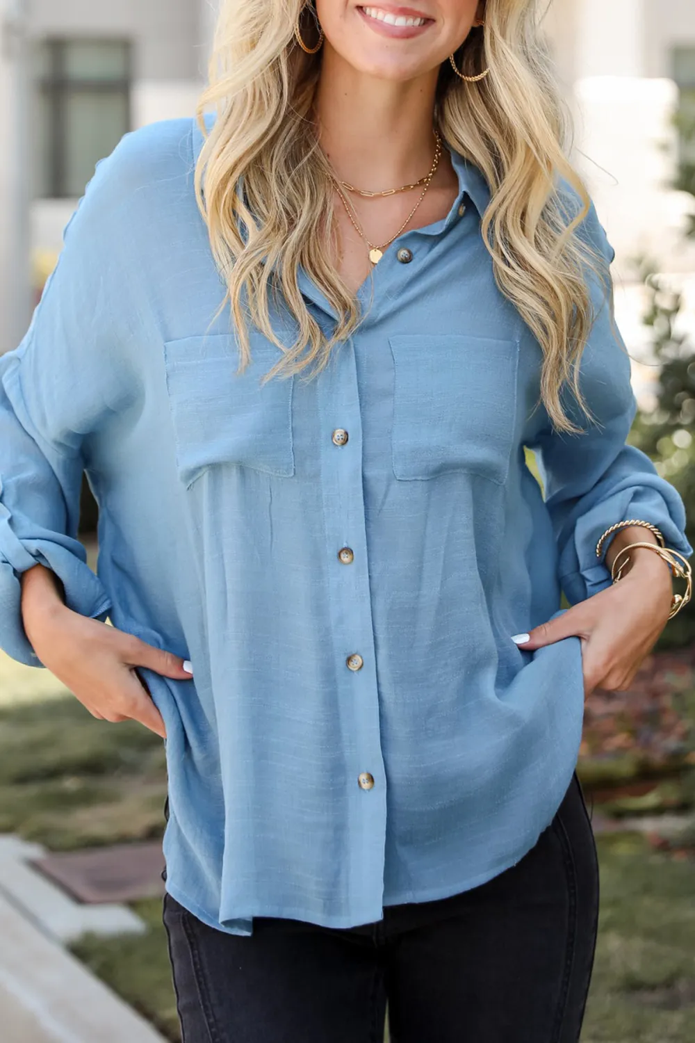 Blue Compelling Composure Oversized Button-Up Blouse