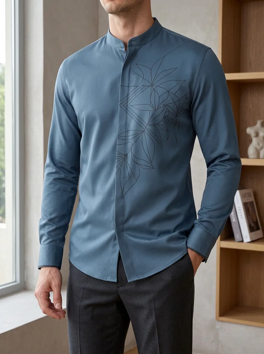 Men's Casual Minimalist Leaf Printed Slim Fit Mandarin Collar Shirt