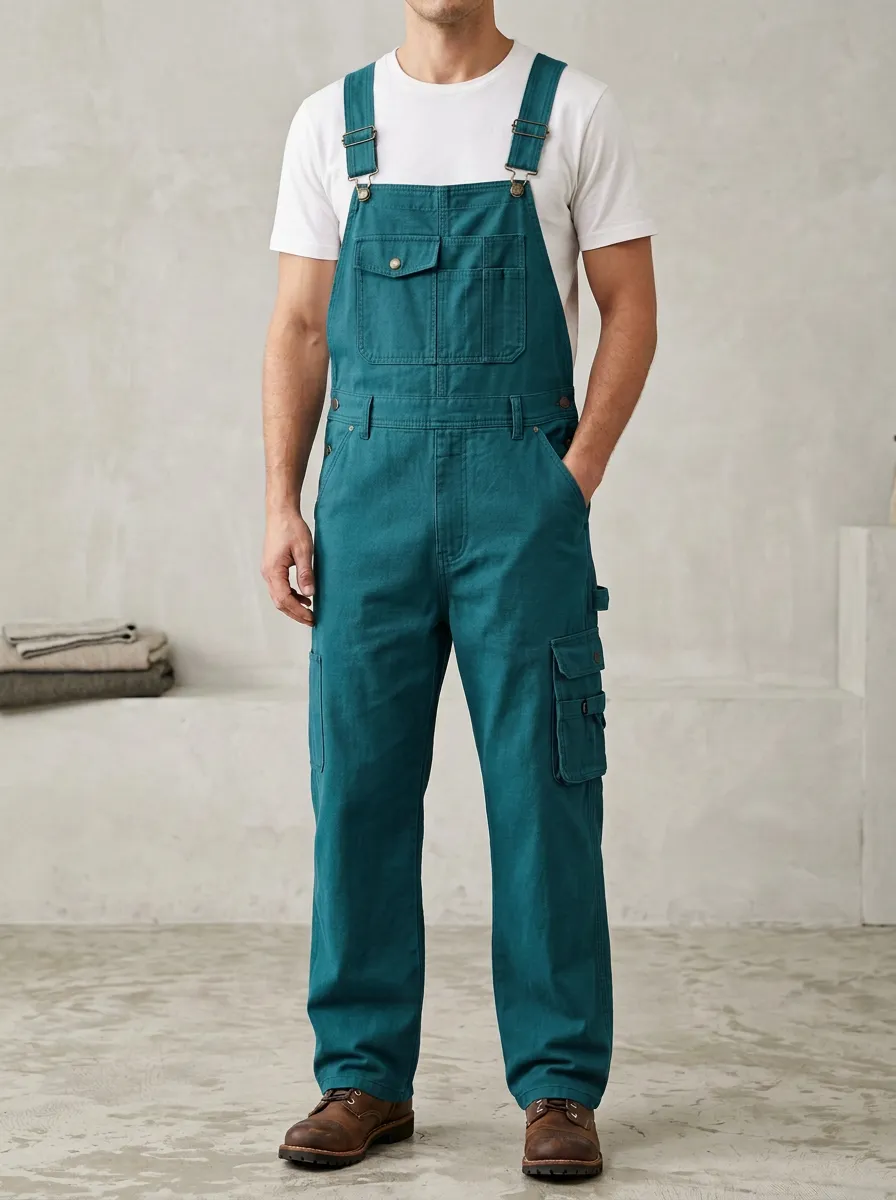Men's Olive Green Side-Button Cargo Bib Overalls
