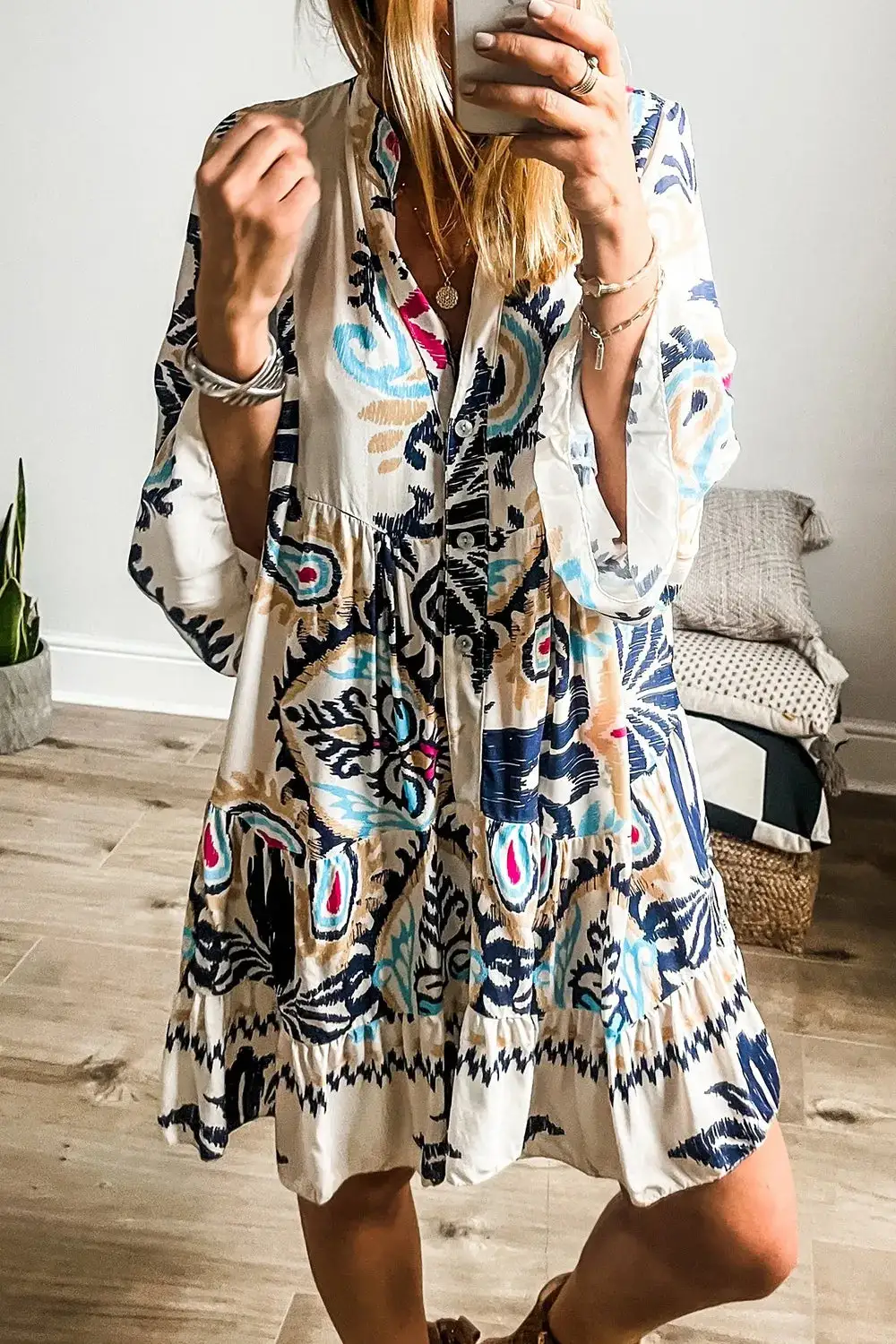 Easy Fit Printed Mini Tie Detail Dress