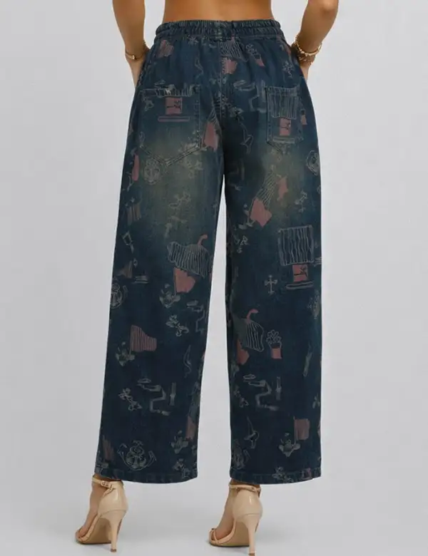 Graphic Print Elastic Waist Barrel Leg Denim Pants