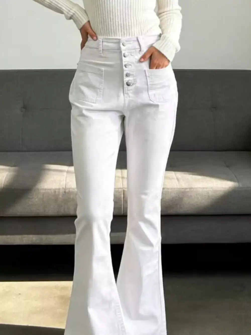 Versatile High Waist Flare Leg Button Denim Jeans