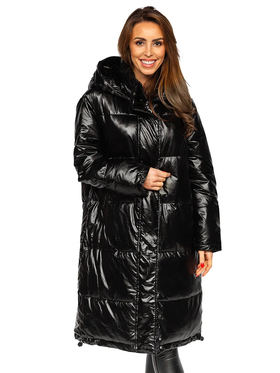 Black Women's Long Quilted Winter Jacket With Hood