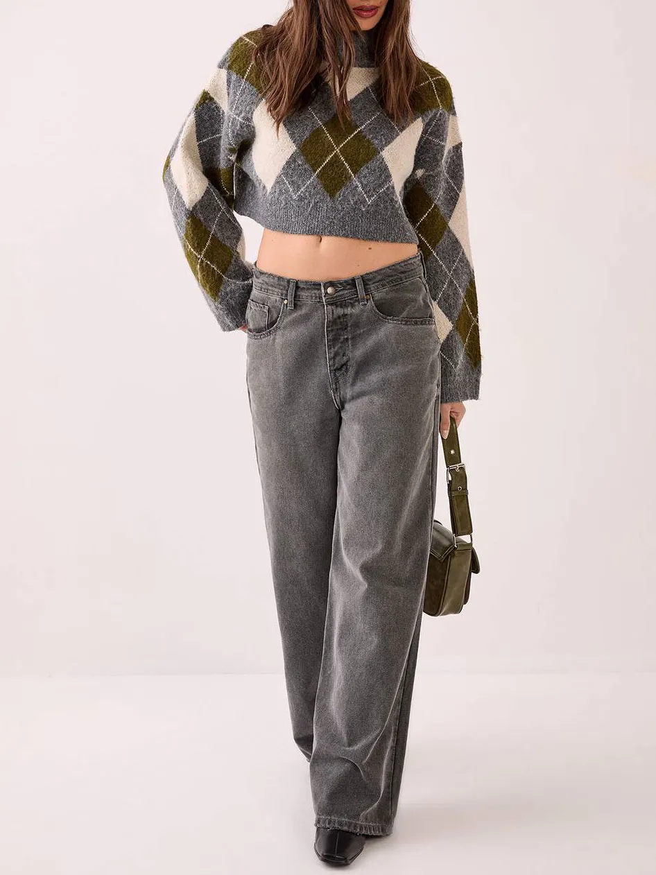 Women'S Stylish Contrast Argyle Knit Cropped Sweater