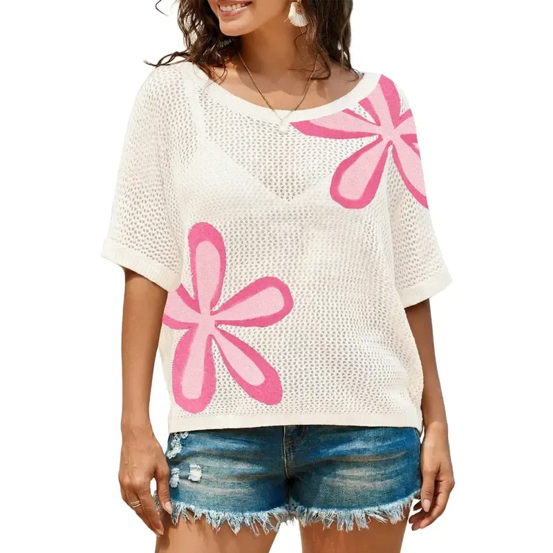 Women's Floral Short-Sleeve Crochet Top
