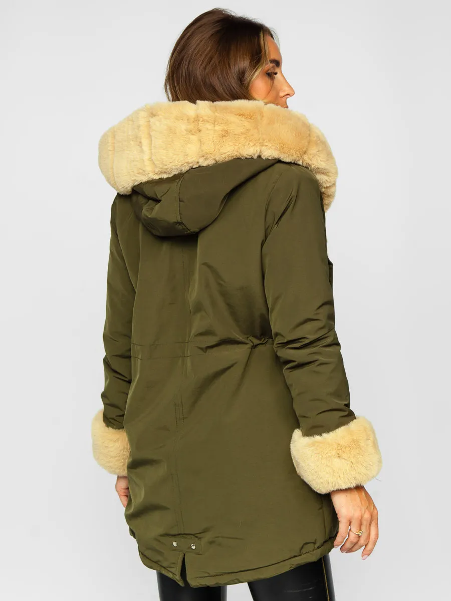 Khaki women's winter parka jacket with hood