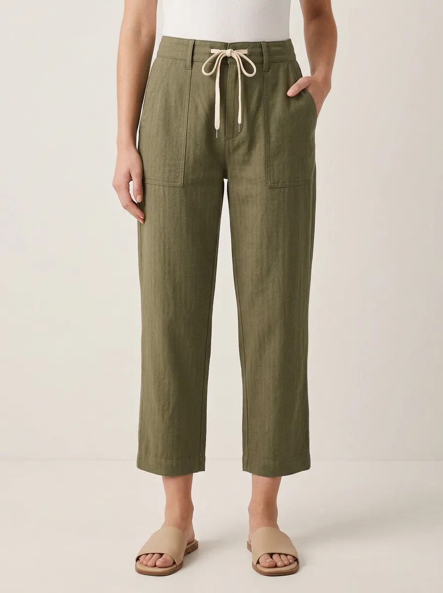 Comfort Drawstring Waist Linen Blend Activewear Women's Cropped Pants